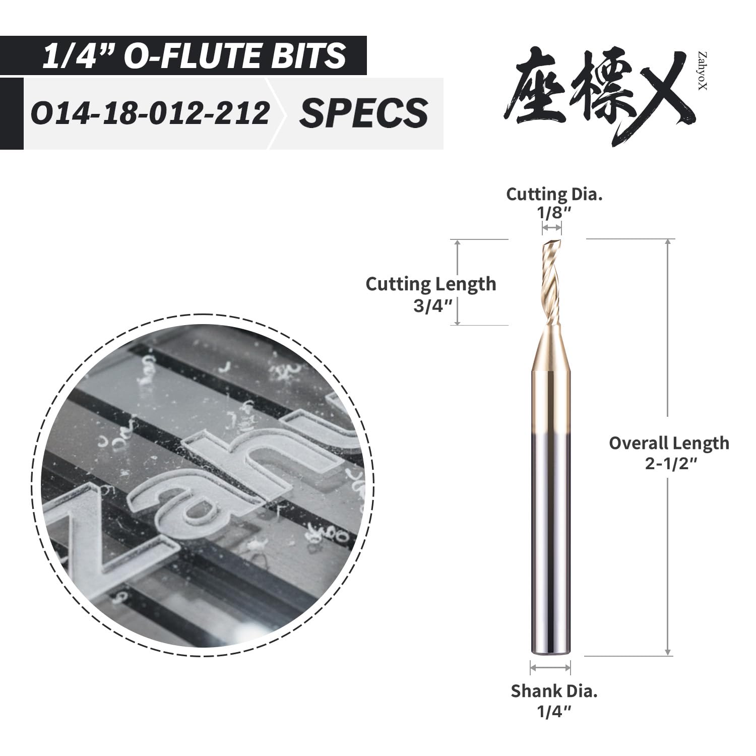 ZahyoX O Flute Upcut Spiral Router Bit 1/4" Shank, 1/8" Cutting Dia, 1/2" Cutting Length, 2-1/2" OVL, Single Flute CNC Router Bit for Plastic, ABS, Acrylic (Copy) - Zahyox