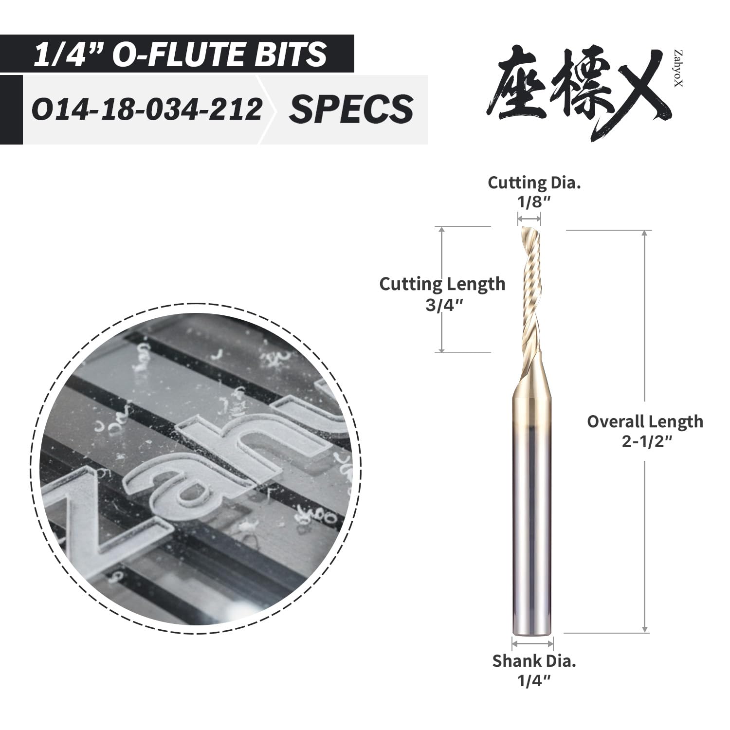 ZahyoX O Flute Upcut Spiral Router Bit 1/4" Shank, 1/8" Cutting Dia, 3/4" Cutting Length, 2-1/2" OVL (Pack of 3), Single Flute CNC Bit for Plastic, Acrylic, PVC, ABS (Copy) - Zahyox