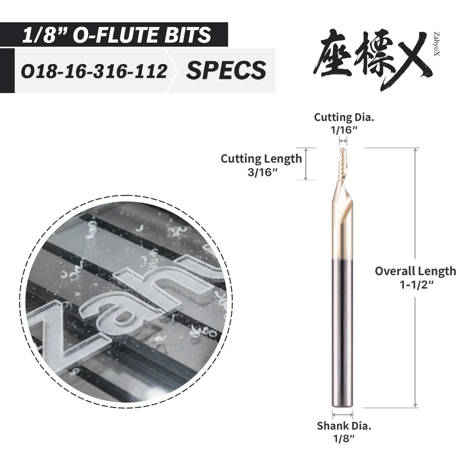 ZahyoX O Flute Upcut Spiral Router Bit 1/8" Shank, 1/16" Cutting Dia, 3/16" Cutting Length, 1-1/2" OVL, Single Flute CNC Bit for Engraving Acrylic, ABS, Plastics (Copy) - Zahyox