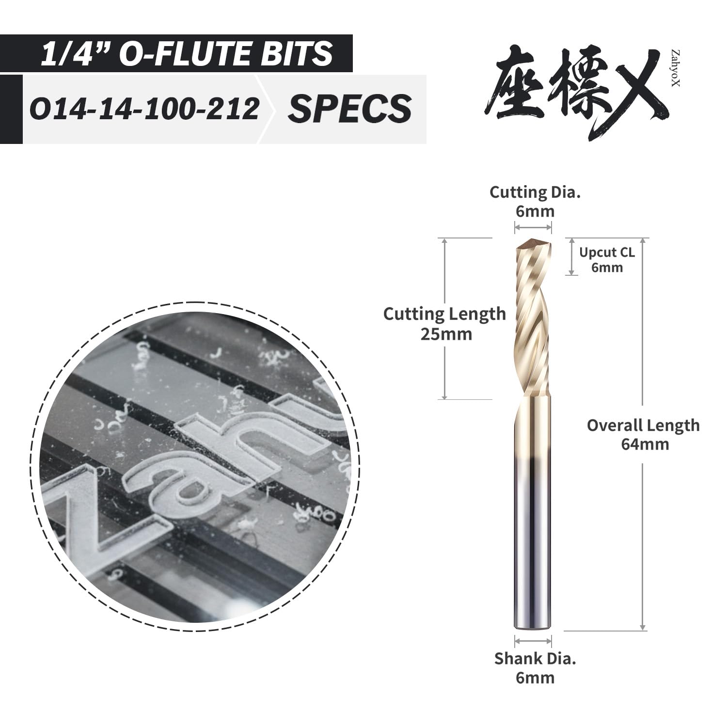 ZahyoX O Flute Upcut Spiral Router Bit 1/4" Shank, 1/4" Cutting Dia, 1" Cutting Length, 2-1/2" OVL (Pack of 3), Single Flute CNC Bit for Acrylic Sheets, PVC Boards, Plastics (Copy) - Zahyox
