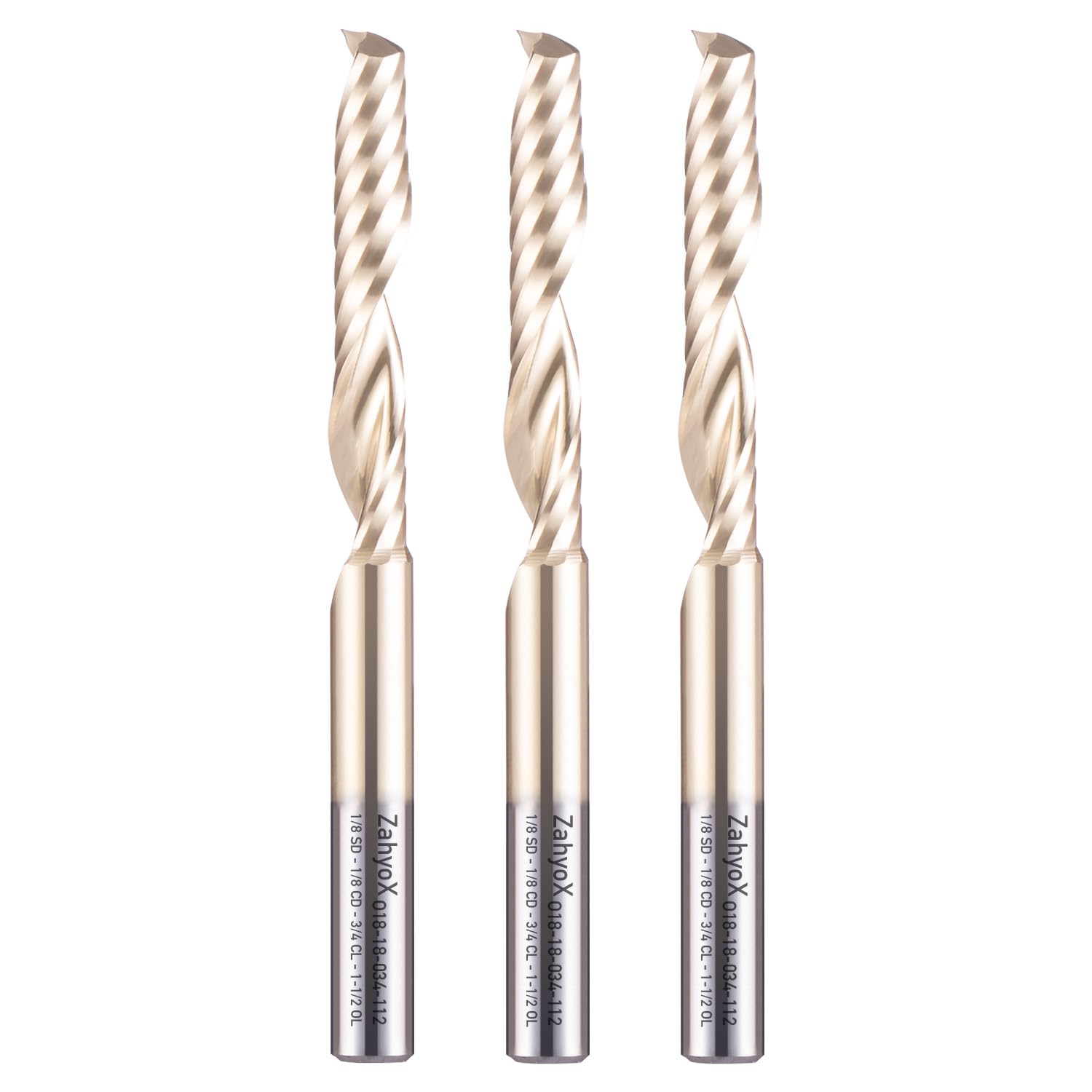 ZahyoX O Flute Upcut Spiral Router Bit 1/8" Shank, 1/8" Cutting Dia, 3/4" Cutting Length, 2-1/2" OVL (Pack of 3), Single Flute CNC Bit for Plastic, PVC, Acrylic, ABS (Copy) - Zahyox