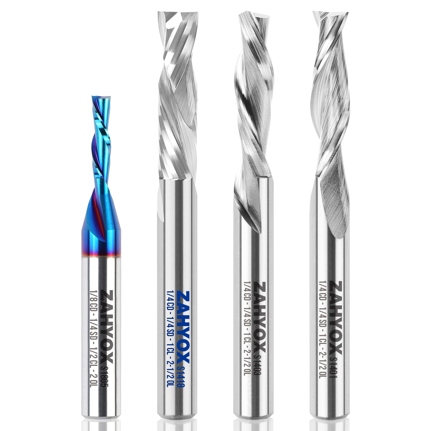 CNC Flat End Mill Starter's kit 1/4 SD With Upcut Downcut and Compression