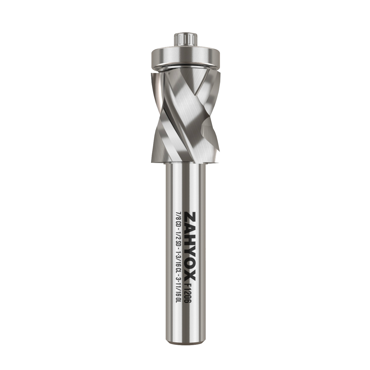 F1206 Compression Spiral Flush Trim Bit with Bottom Bearing - 1/2 SD - 7/8 CD - 1-3/16 CL - 3-11/16 OL - Zahyox