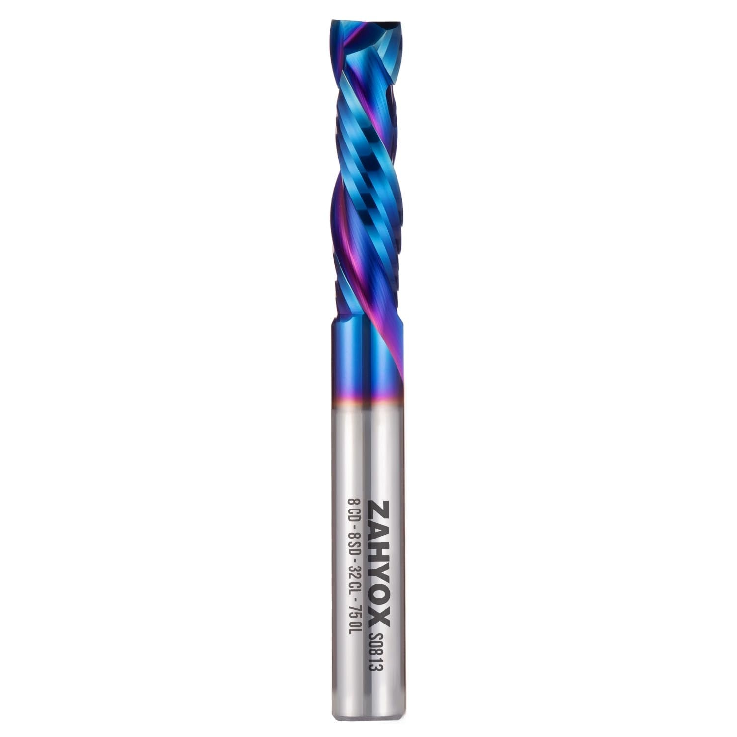 S0813 Solid Carbide Metric Compression Spiral Router Bit - Nano Coated -2 Flutes - 8mm SD - 8mm CD - 32mm CL - 76mm OL - Zahyox