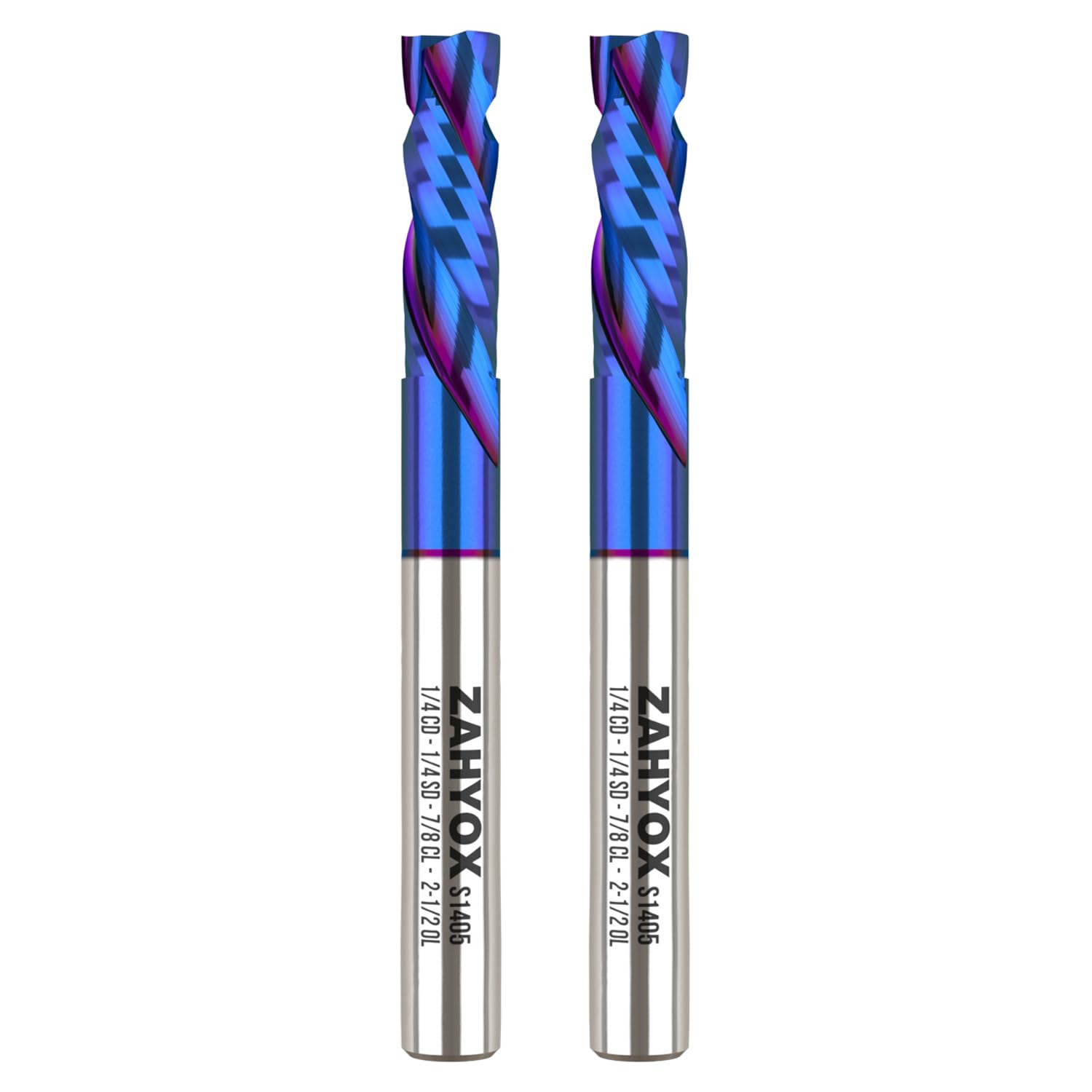 2Pack - S1405 1/4 Inch Shank Up Down Compression Spiral Router Bit, Nano Coated Solid Carbide Straight CNC End Mill for Wood, 1/4 Dia x 7/8 CL x 2-1/2 OVL, 2 Pack - Zahyox