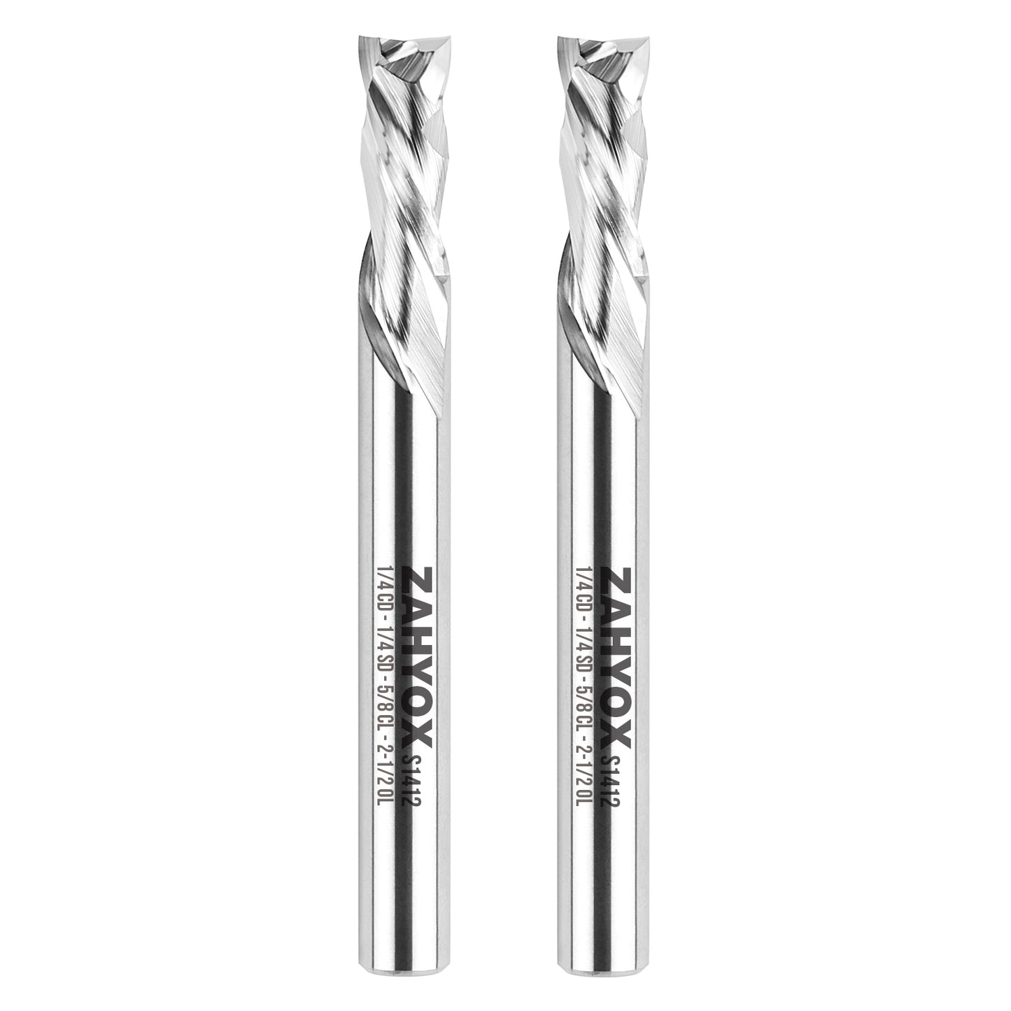 2Pack - S1412 Solid Carbide Compression Spiral Router Bit - 2 Flutes - 1/4 SD - 1/4 CD - 5/8 CL - 2-1/2 OL - 3/16 UCL - Zahyox