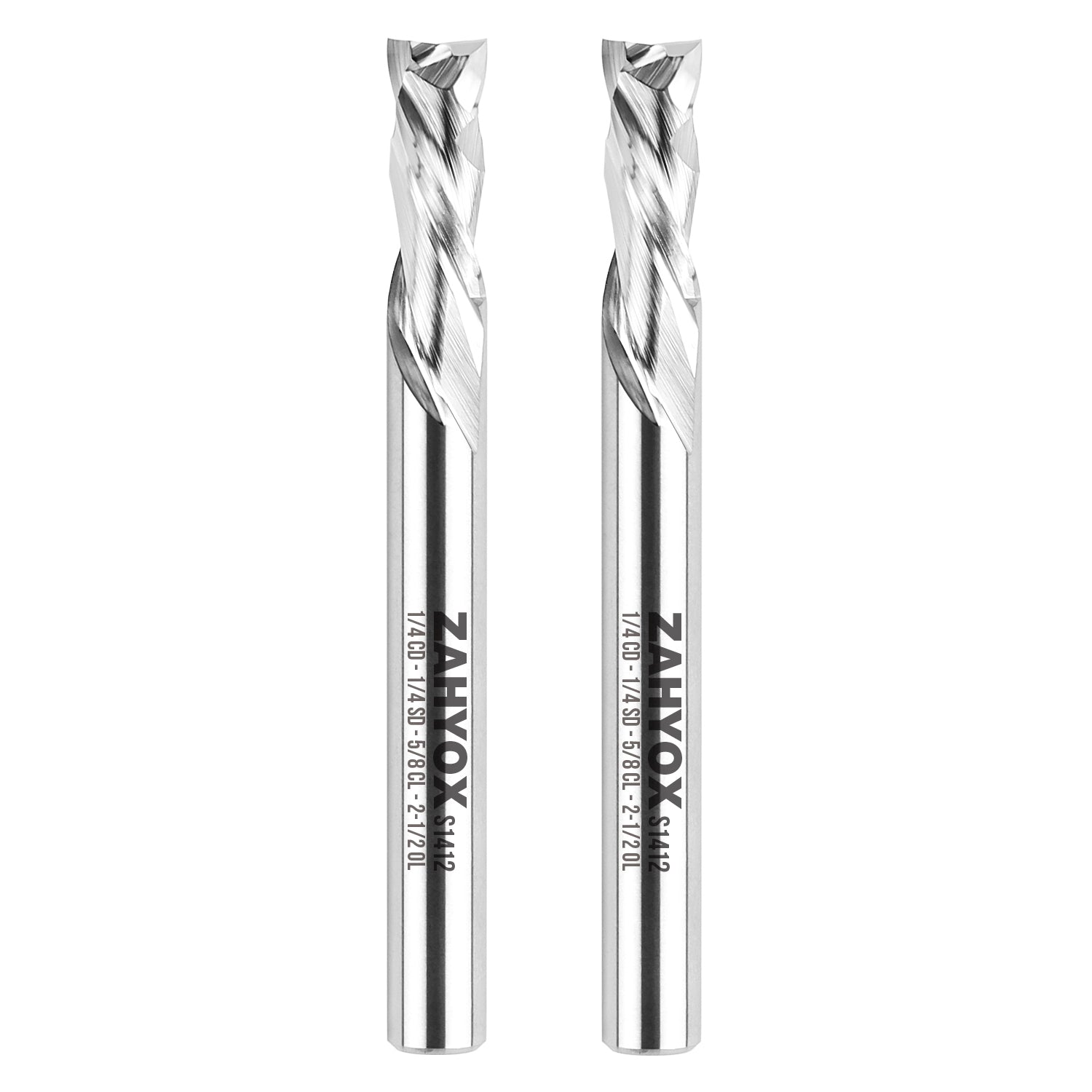 2Pack - S1412 Solid Carbide Compression Spiral Router Bit - 2 Flutes - 1/4 SD - 1/4 CD - 5/8 CL - 2-1/2 OL - 3/16 UCL - Zahyox