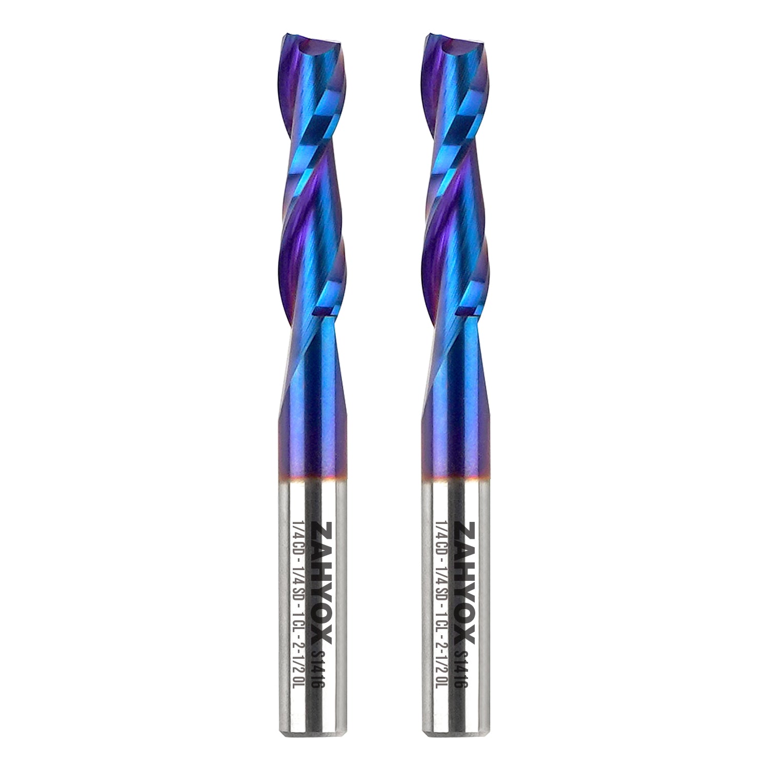 2Pack - S1416 Solid Carbide nACo Coated Upcut Spiral Router Bit - 2Flutes - 1/4 SD - 1/4 CD - 1 CL - 2-1/2 OL - Zahyox