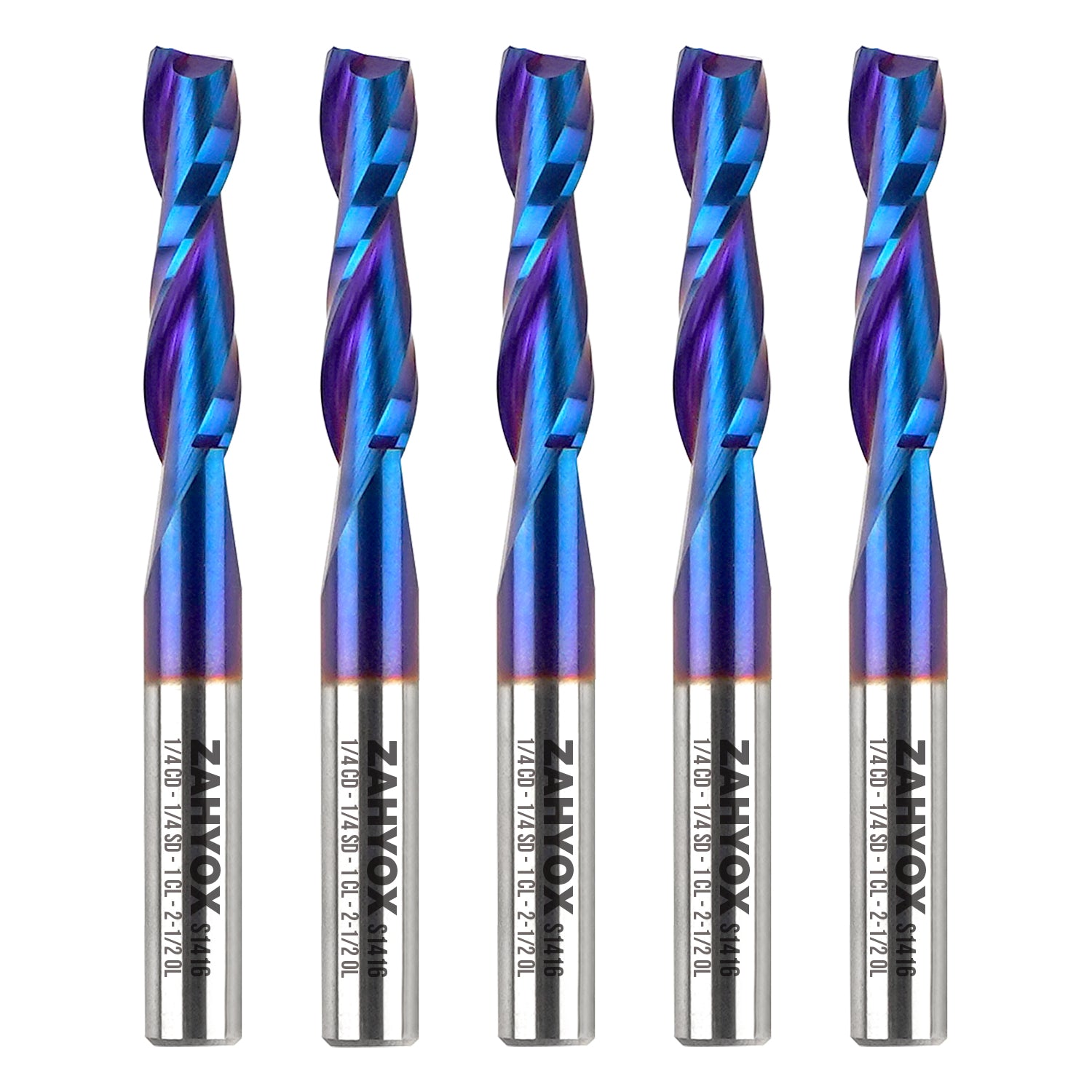 5Pack - S1416 Solid Carbide nACo Coated Upcut Spiral Router Bit - 2Flutes - 1/4 SD - 1/4 CD - 1 CL - 2-1/2 OL - Zahyox