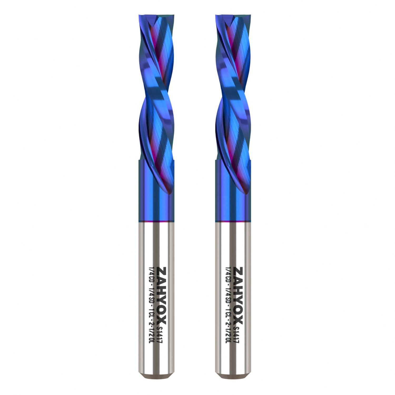 2Pack - S1417 Solid Carbide nACo Coated Downcut Spiral Router Bit - 2 Flutes - 1/4 SD - 1/4 CD - 1 CL - 2-1/2 OL - Zahyox