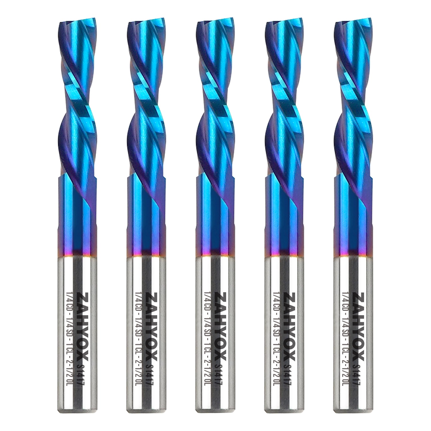 5Pack - S1417 Solid Carbide nACo Coated Downcut Spiral Router Bit - 2 Flutes - 1/4 SD - 1/4 CD - 1 CL - 2-1/2 OL - Zahyox