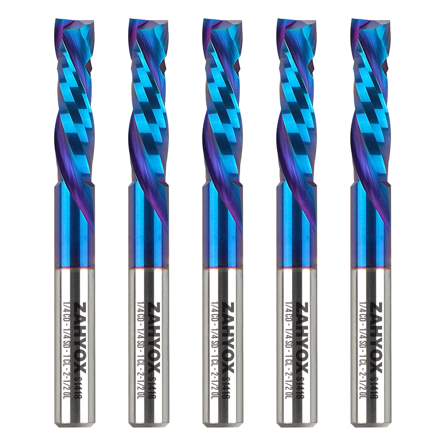 5Pack - S1418 Solid Carbide nACo Coated Compression Spiral Router Bit - 2 Flutes - 1/4 SD - 1/4 CD - 1 CL - 2-1/2 OL - Zahyox