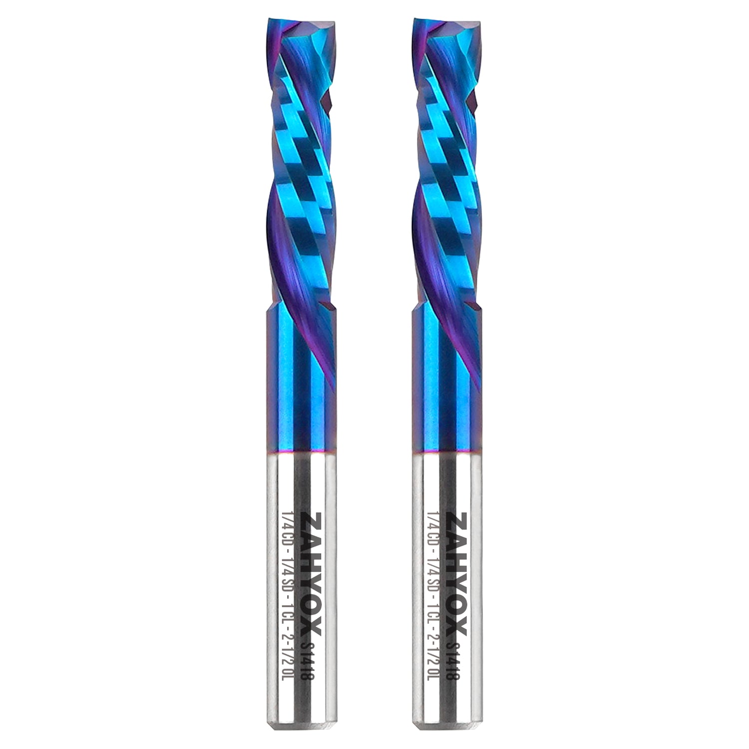 2Pack - S1418 Solid Carbide Compression Spiral Router Bits - 2 Flutes - 1/4 SD - 1/4 CD - 1 CL - 2-1/2 OL - Zahyox
