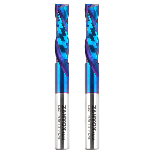 2Pack - S1418 Solid Carbide Compression Spiral Router Bits - 2 Flutes - 1/4 SD - 1/4 CD - 1 CL - 2-1/2 OL - Zahyox