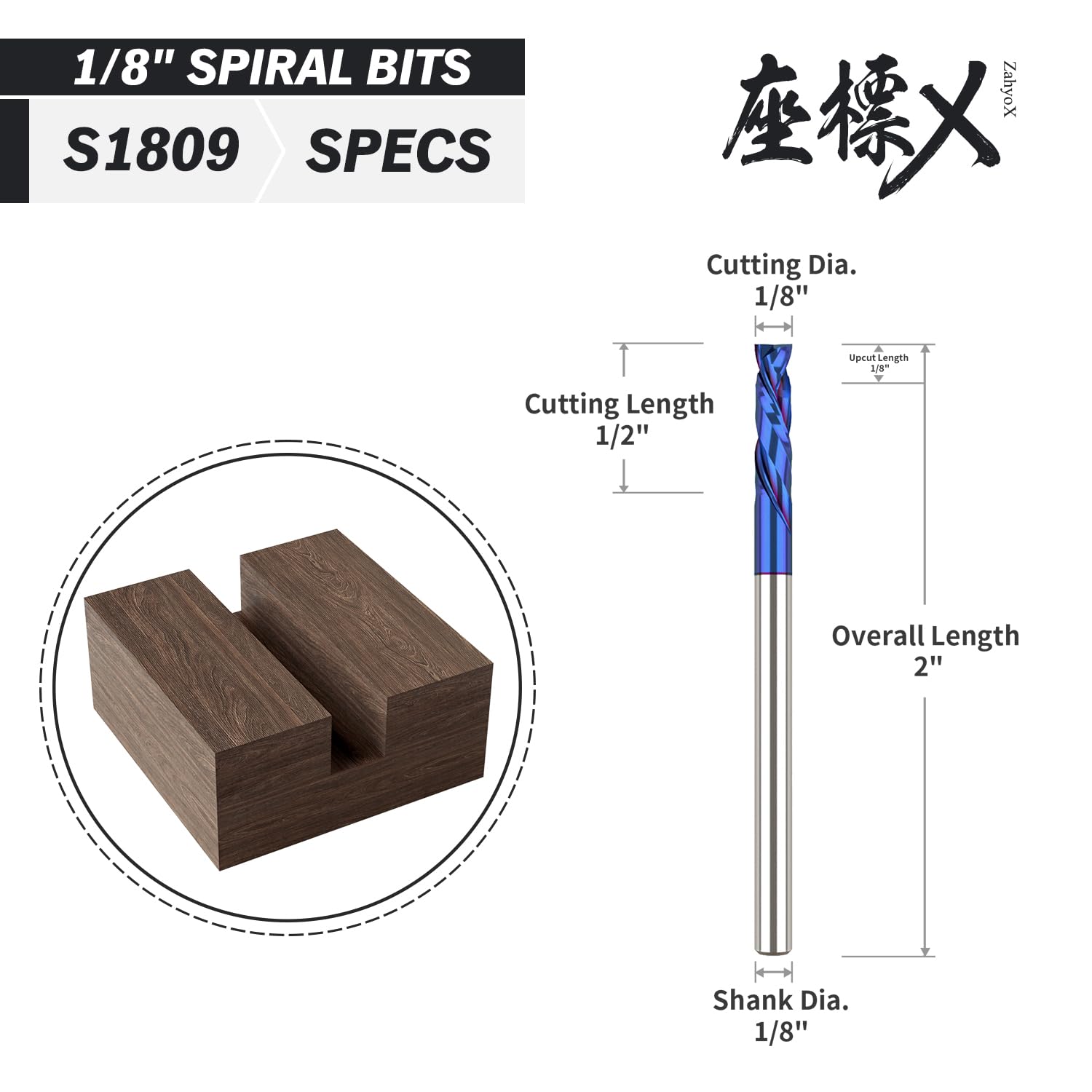 S1809 PRO Compression nACo Coated Spiral Router Bit - 2Flutes - 1/8 SD - 1/8 CD - 1/2 CL - 2 OL - 1/8 UCL - Zahyox