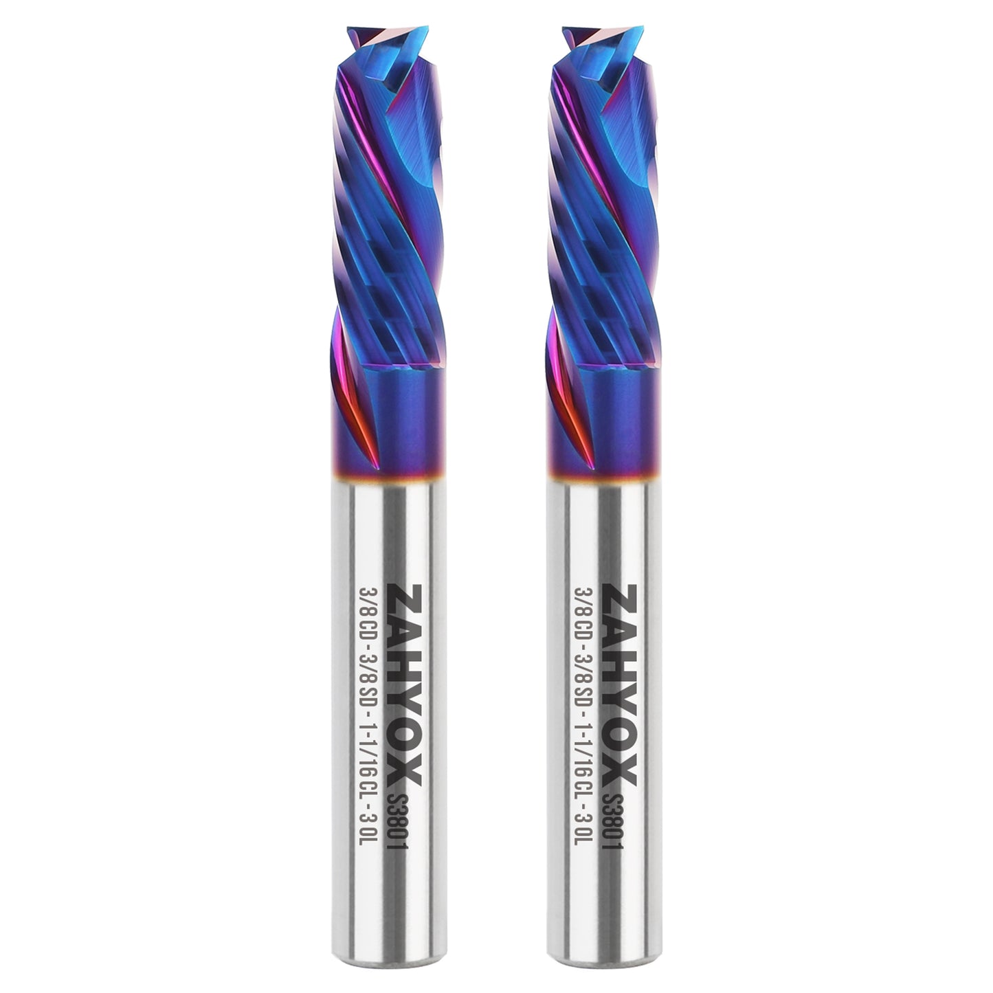 S3801 (2pack) 3/8" Shank Compression nACo Coated CNC Spiral Router Bit - 2 Flutes - 3/8" Cutting Dia - 1-1/16" LOC - 3OAL - Zahyox