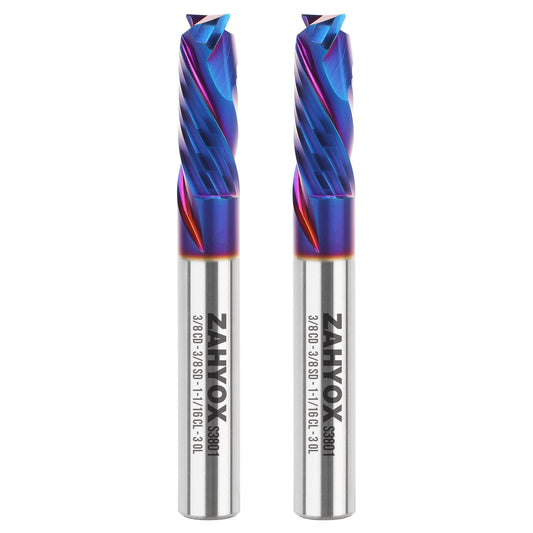 S3801 (2pack) 3/8" Shank Compression nACo Coated CNC Spiral Router Bit - 2 Flutes - 3/8" Cutting Dia - 1-1/16" LOC - 3OAL - Zahyox