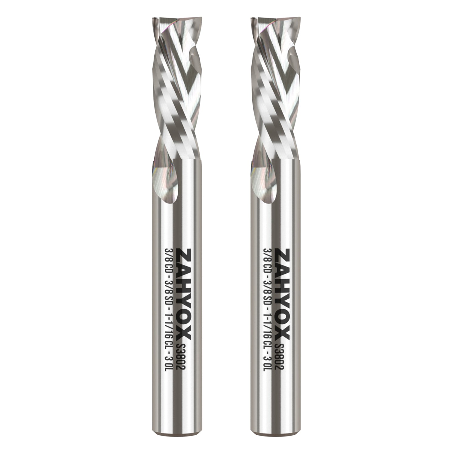 S3802 (2pack) 3/8" Shank Solid Carbide Compression CNC Spiral Router Bit - 2 Flutes - 3/8" Cutting Dia - 1-1/16" LOC - 3" OAL - Zahyox