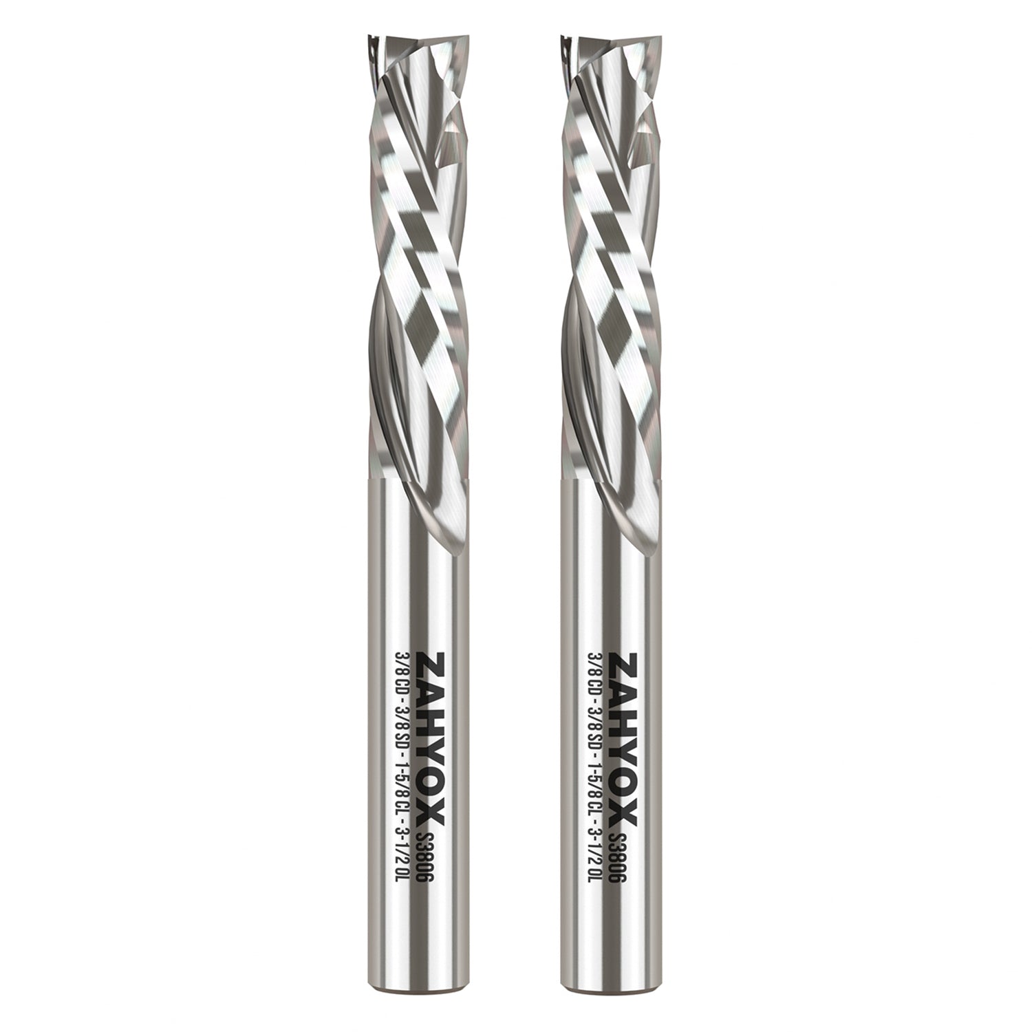 S3806 (2pack) 3/8" Shank Solid Carbide Compression CNC Spiral Router Bit - 2 Flutes - 3/8" Cutting Dia - 1-5/8" LOC - 3-1/2" OAL - Zahyox