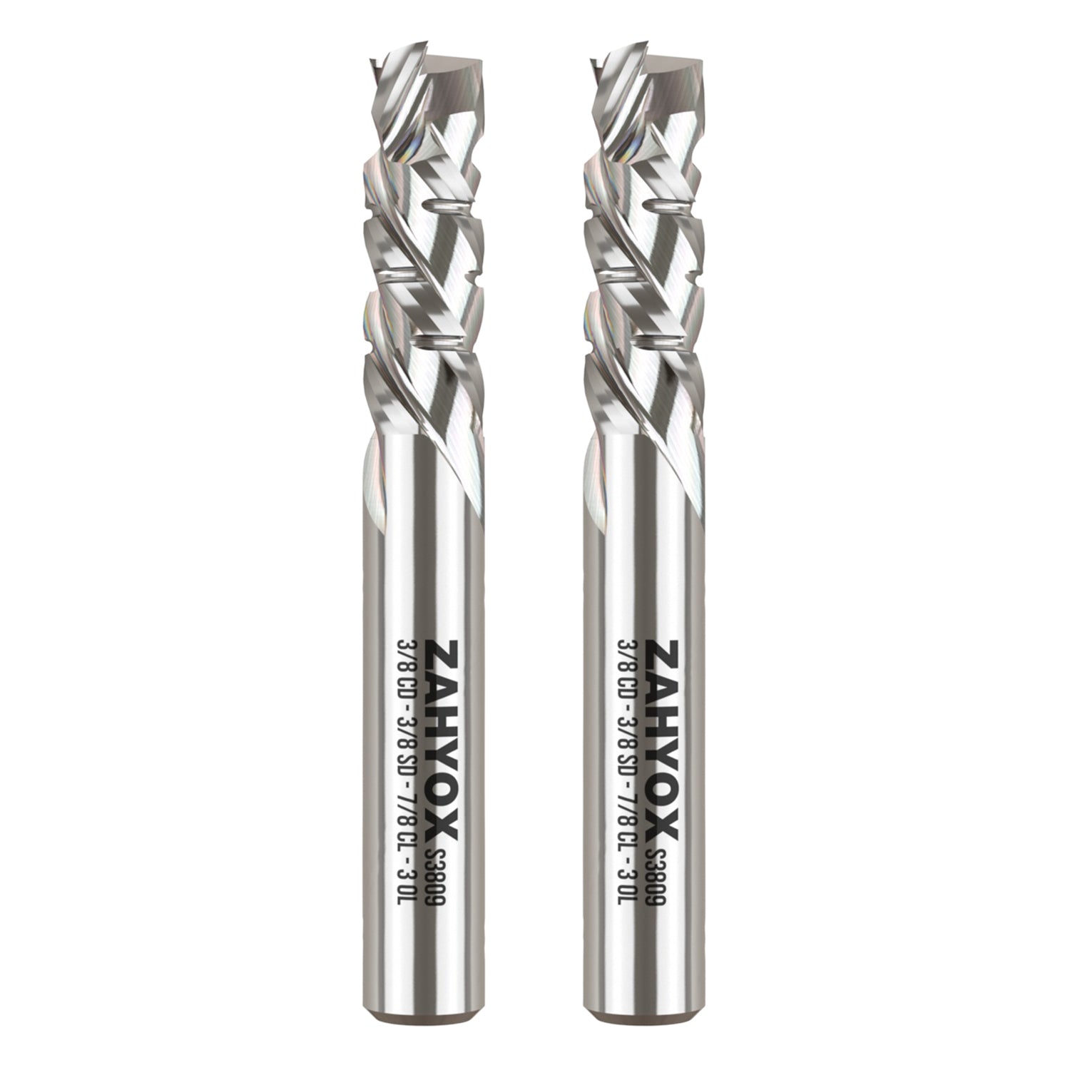 S3809 (2pack) 3/8" Shank Compression Chip Breaker Spiral Router Bit - 3 Flutes - 3/8" Cutting Dia - 7/8" LOC - 3" OAL - 1/4" UCL - Zahyox