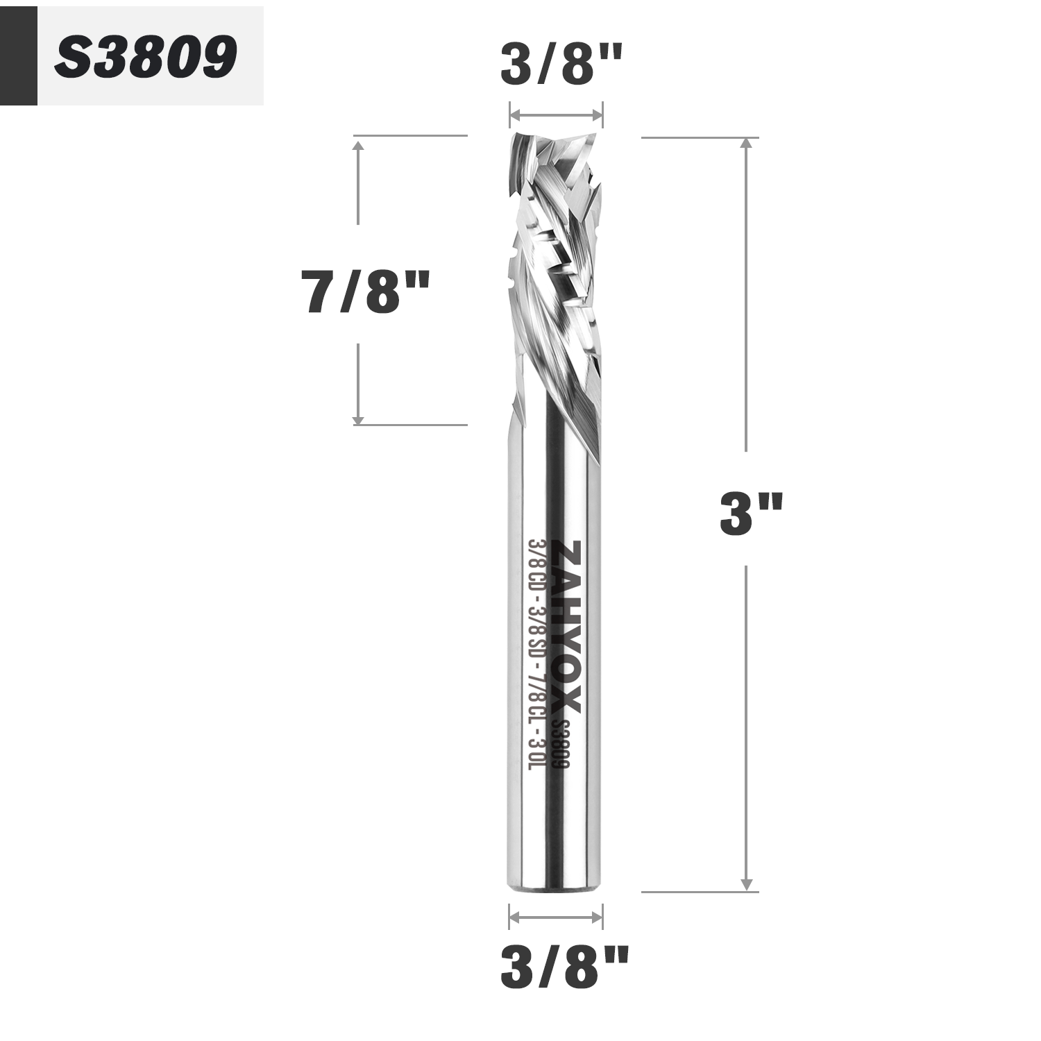 3/8" Shank Compression Chip Breaker Spiral Router Bit - 3 Flutes - 3/8" Cutting Dia - 7/8" LOC - 3" OAL - 1/4" UCL - S3809 - Zahyox