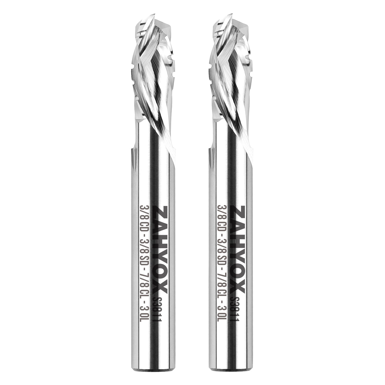 S3811 (2pack) 3/8" Shank Solid Carbide Compression Chip Breaker Spiral Router Bit - 2 Flutes - 3/8" Cutting Dia - 7/8" LOC - 3" OAL - 1/4" UCL - Zahyox