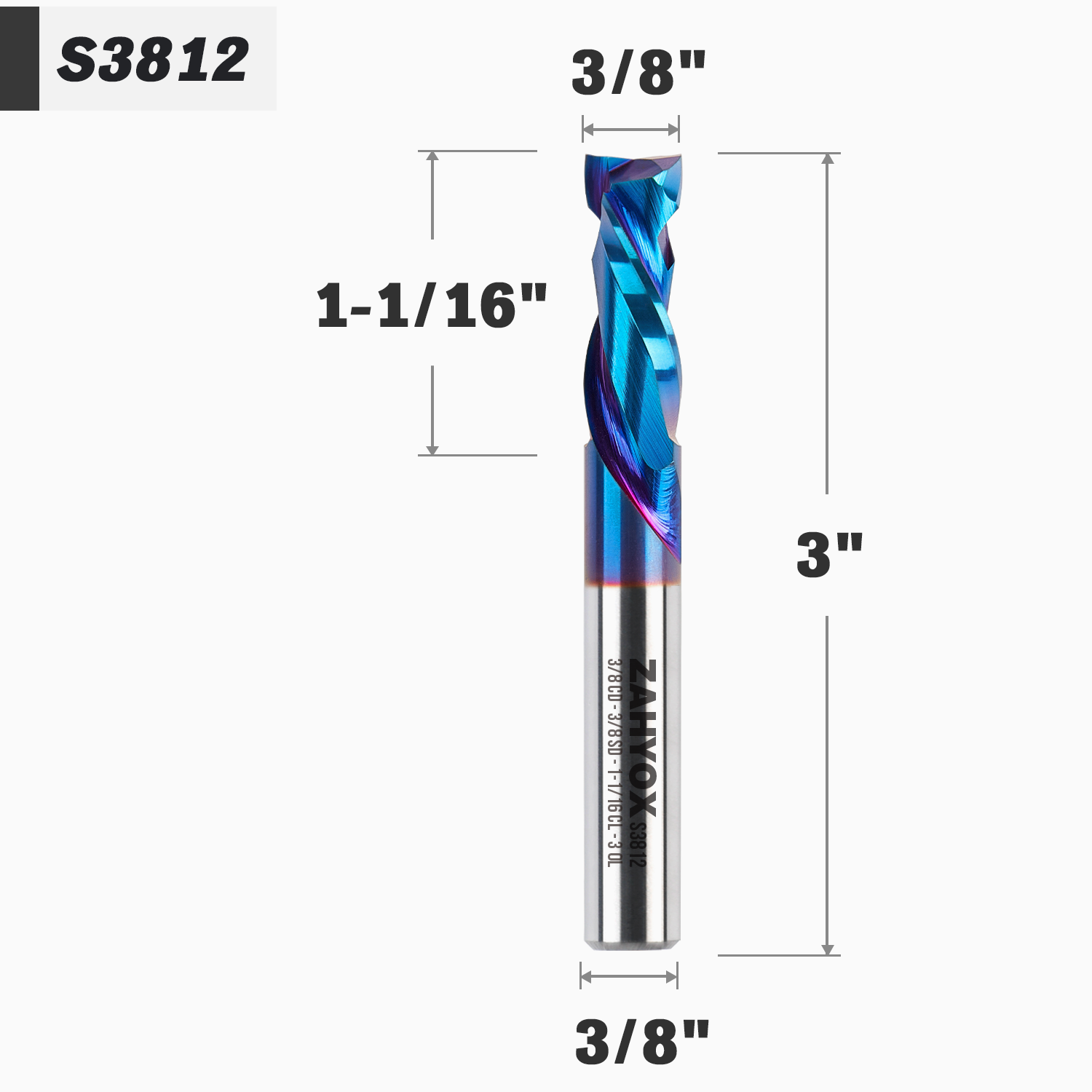 3/8" Shank Compression nACo Coated Spiral Router Bit - 2 Flutes - 3/8" Cutting Dia - 1-1/16" LOC - 3" OAL - S3812 PRO - Zahyox