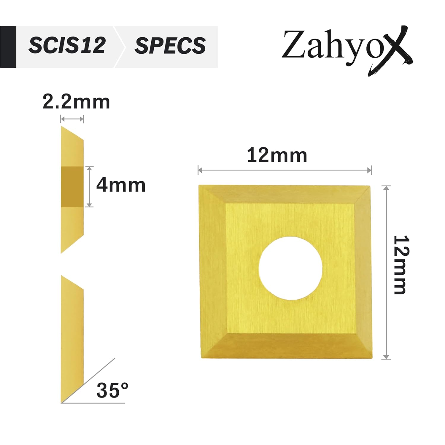 ZahyoX 12mm Coated Tungsten Carbide Inserts Replacement for CNC Spoilboard Surfacing Router Bit (12mm x 12mm, 2.2mm), 30 Degree Cutting Angle (10PCS) - Zahyox