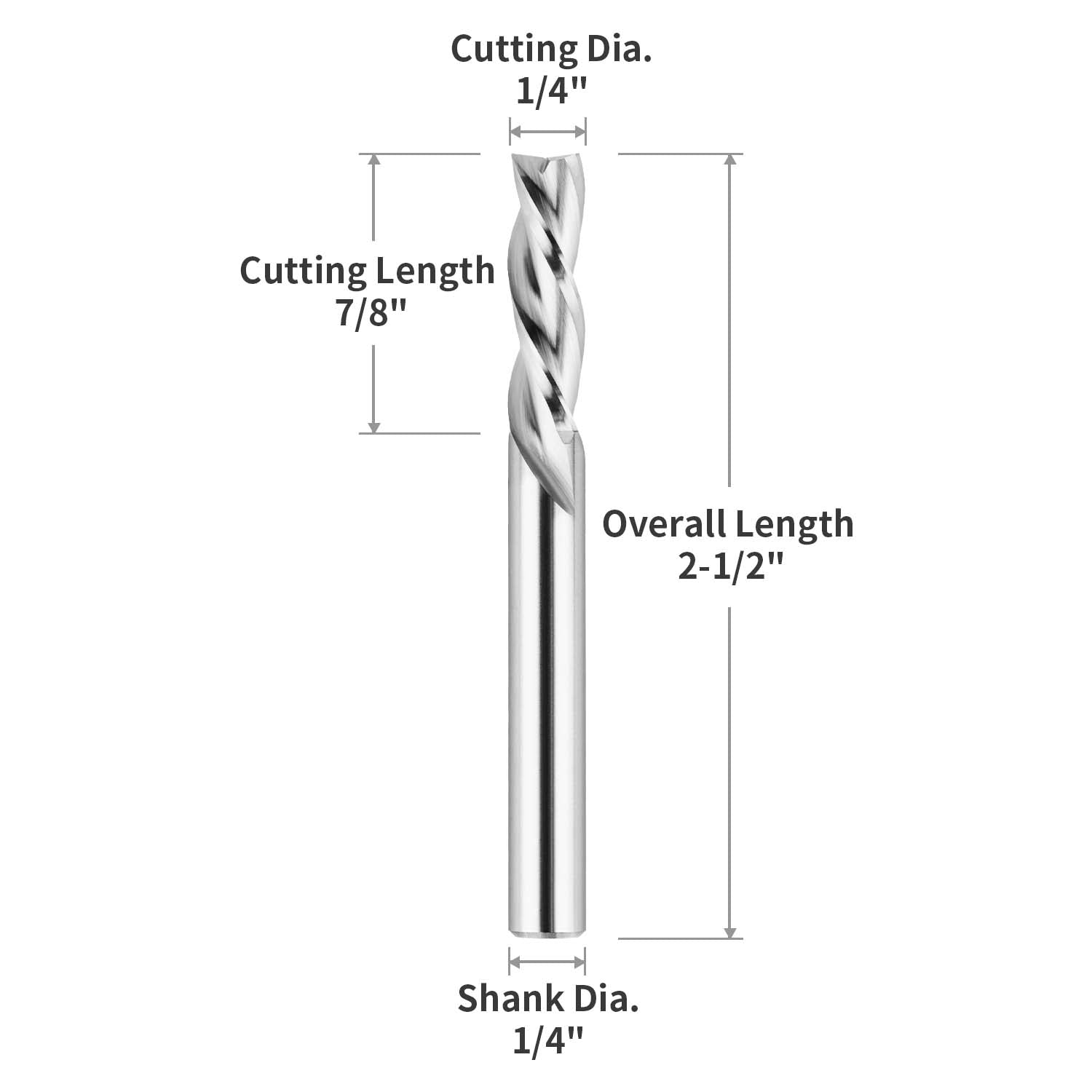 S1433 Solid Carbide Downcut Spiral Route Bit - 3 Flutes - 1/4 SD - 1/4 CD - 7/8 CL - 2-1/2 OL - Zahyox