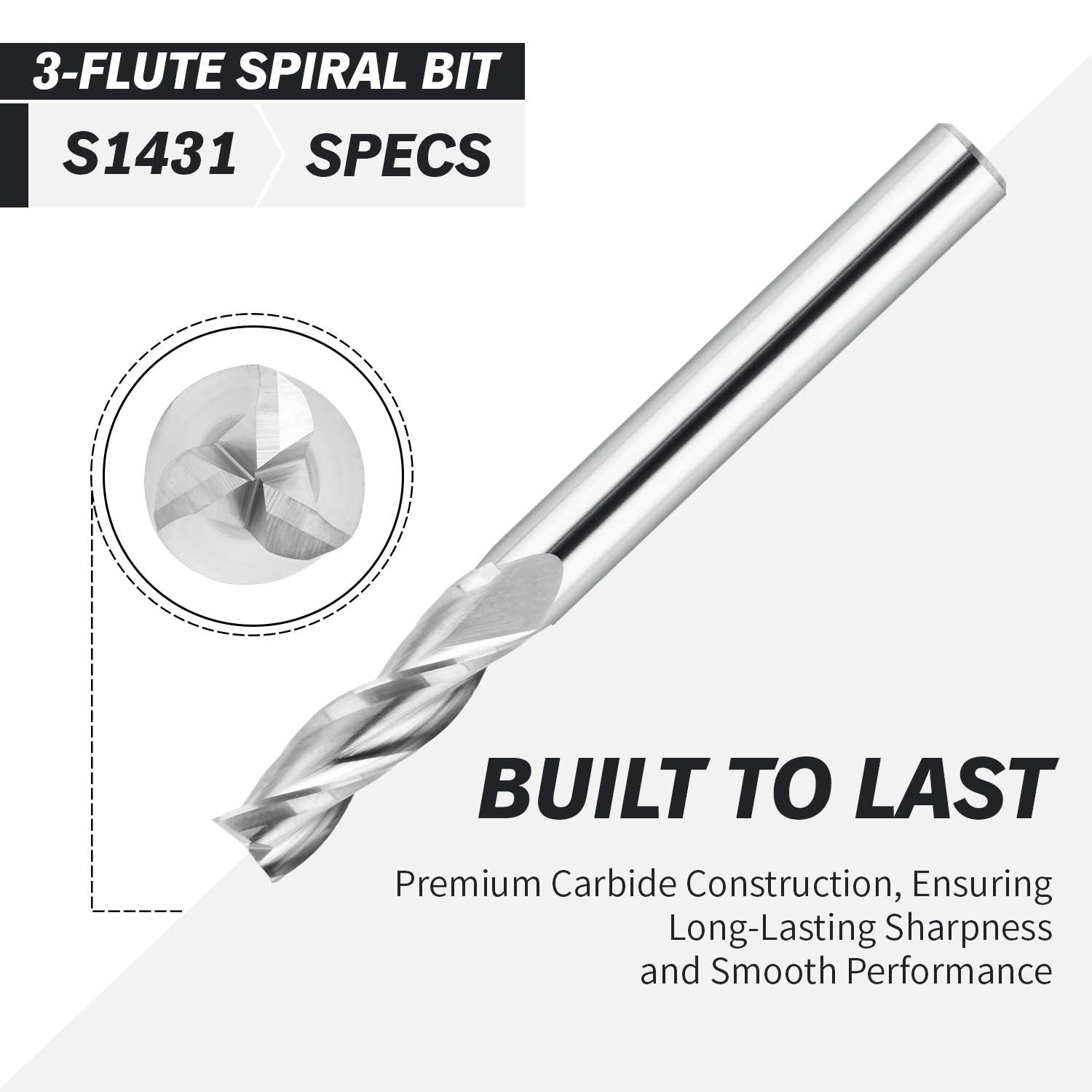 S1431 Solid Carbide Upcut Spiral Route Bit - 3 Flutes - 1/4 SD - 1/4 CD - 7/8 CL - 2-1/2 OL - Zahyox