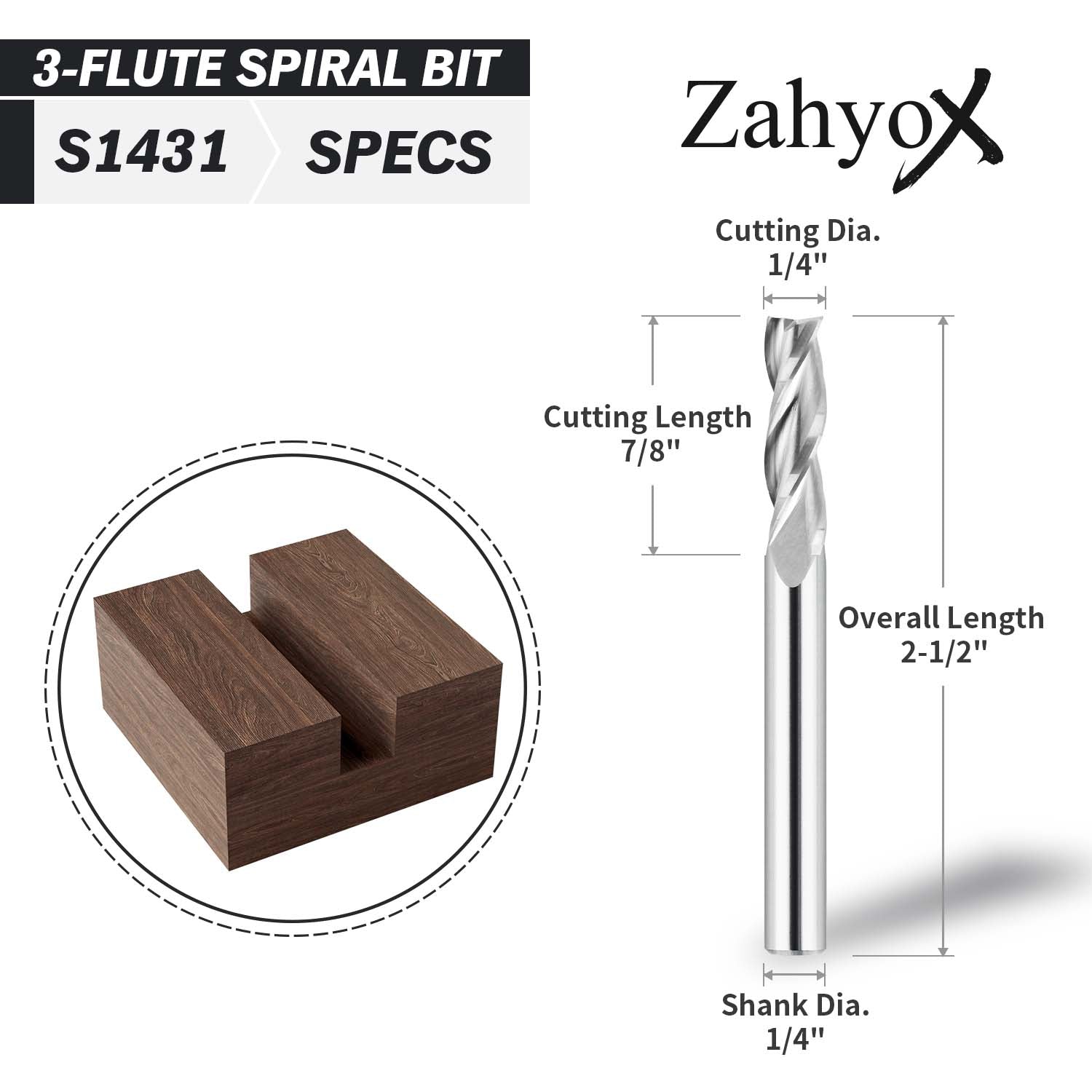 S1431 Solid Carbide Upcut Spiral Route Bit - 3 Flutes - 1/4 SD - 1/4 CD - 7/8 CL - 2-1/2 OL - Zahyox