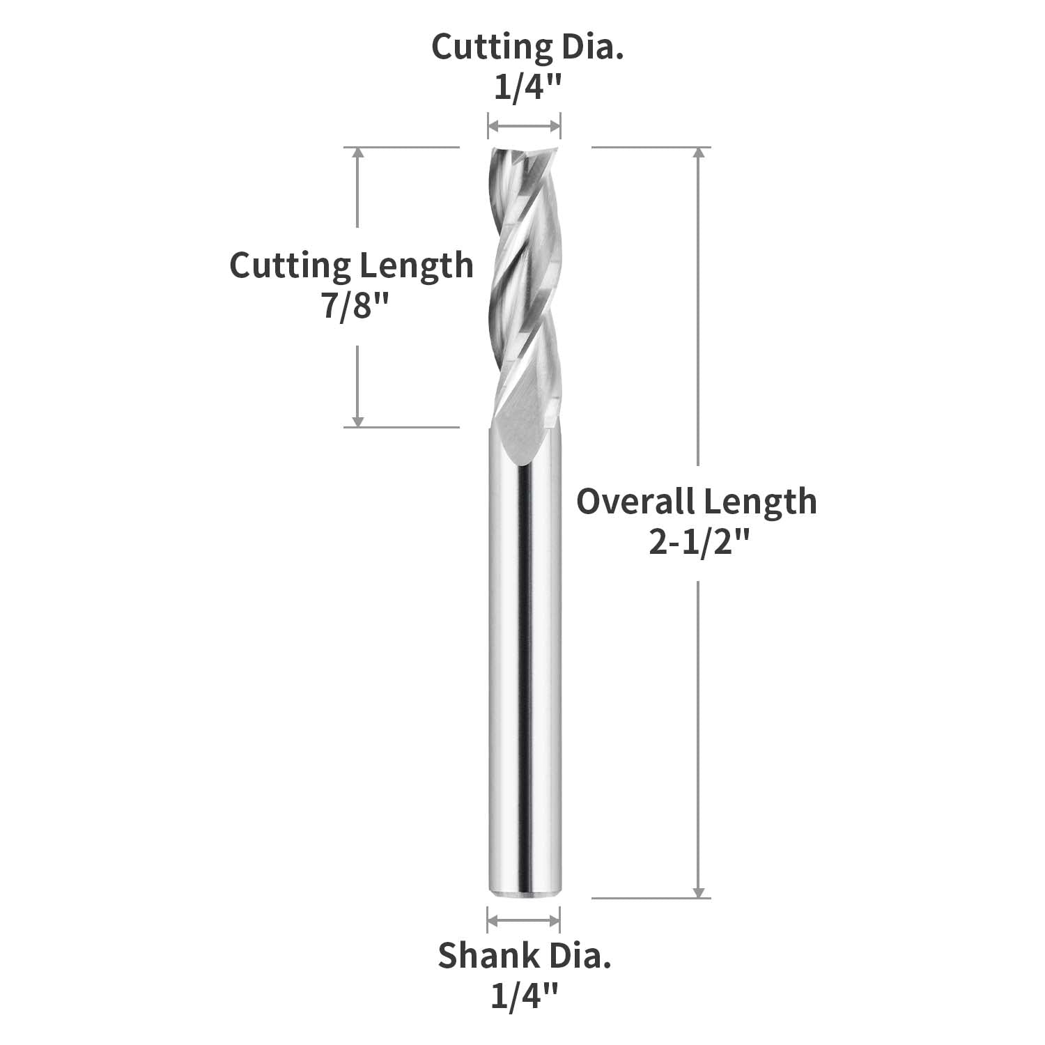 S1431 Solid Carbide Upcut Spiral Route Bit - 3 Flutes - 1/4 SD - 1/4 CD - 7/8 CL - 2-1/2 OL - Zahyox