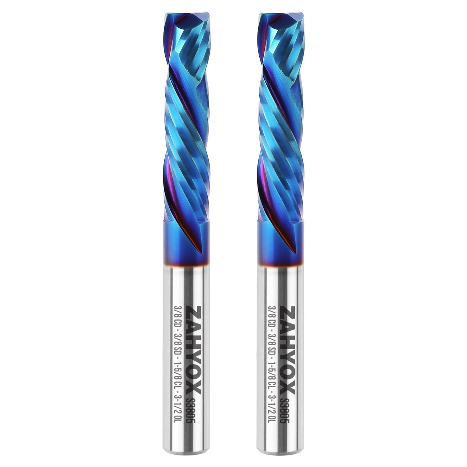 S3805 (2 Pack) 3/8" Shank Solid Carbide Compression nACo Coated CNC Spiral Router Bit - 2 Flutes - 3/8" Cutting Dia - 1-5/8" LOC - 3-1/2" OAL - Zahyox
