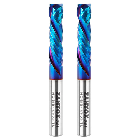 S3805 (2 Pack) 3/8" Shank Solid Carbide Compression nACo Coated CNC Spiral Router Bit - 2 Flutes - 3/8" Cutting Dia - 1-5/8" LOC - 3-1/2" OAL - Zahyox