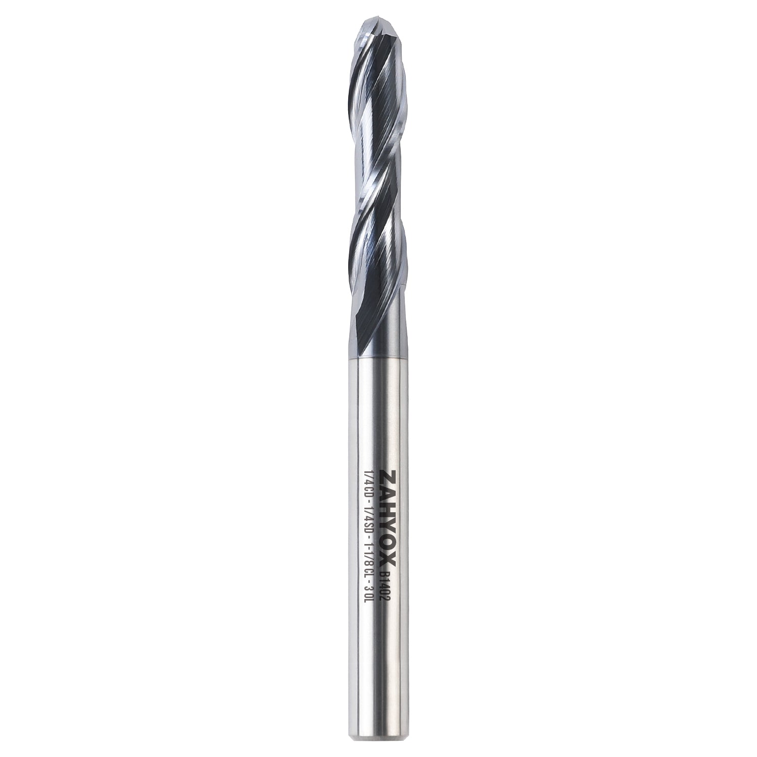 B1402 Upcut Ball End Mill - 2 Flutes - 1/4 Dia - 1/4 Shank - 1-1/8 LOC - 3 OAL - R1/8 - Zahyox