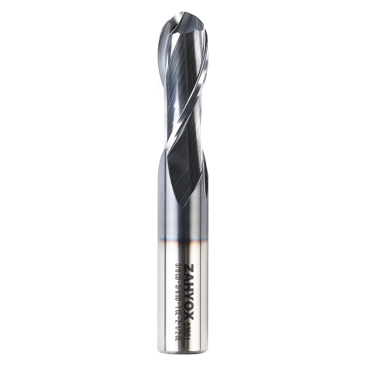 B3801 Upcut Ball End Mill - 2 Flutes - 3/8 Dia - 3/8 Shank - 1 LOC - 2-1/2 OAL - R3/16 - Zahyox