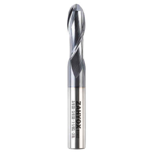 B3802 Upcut Ball End Mill - 2 Flutes - 3/8 Dia - 3/8 Shank - 1-1/8 LOC - 3 OAL - R3/16 - Zahyox