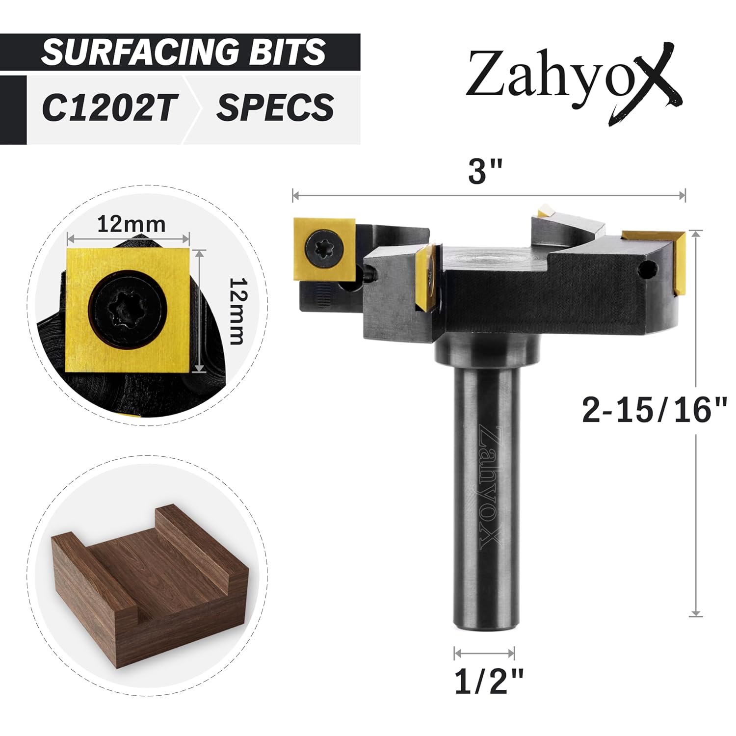 CNC Spoilboard Surfacing Router Bit, 1/2" Shank, 4 Wings, 3" Cutting Dia, TiN Coated Insert Carbide Slab Flattening Router Bit - C1202T - Zahyox