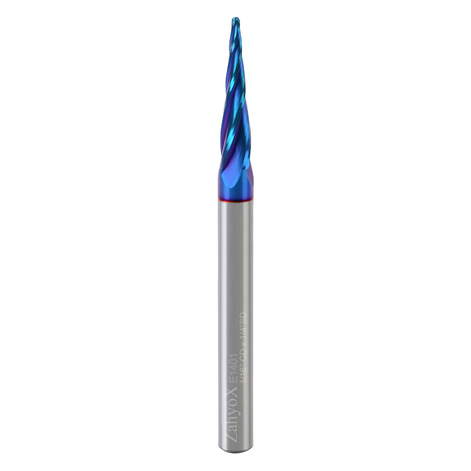 E1401 2D and 3D Carving nACo Coated Upcut Tapered Ball Nose Bit - 2 Flutes - 5.4°- 1/32 Radius - 1/16 CD - 1/4 SD - 1 CL - 3 OL - Zahyox
