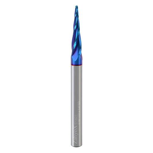 E1401 2D and 3D Carving nACo Coated Upcut Tapered Ball Nose Bit - 2 Flutes - 5.4°- 1/32 Radius - 1/16 CD - 1/4 SD - 1 CL - 3 OL - Zahyox