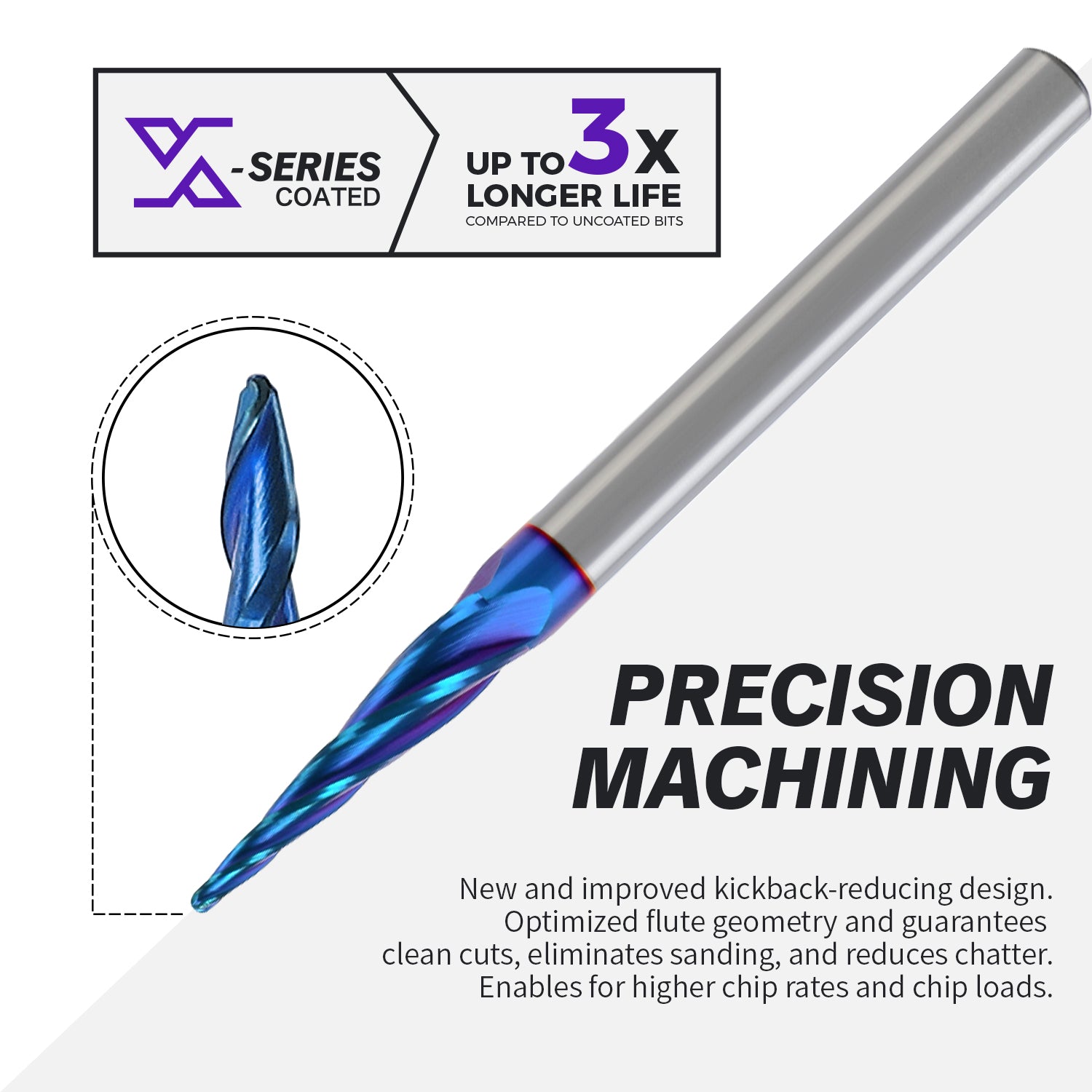 E1401 2D and 3D Carving nACo Coated Upcut Tapered Ball Nose Bit - 2 Flutes - 5.4°- 1/32 Radius - 1/16 CD - 1/4 SD - 1 CL - 3 OL - Zahyox