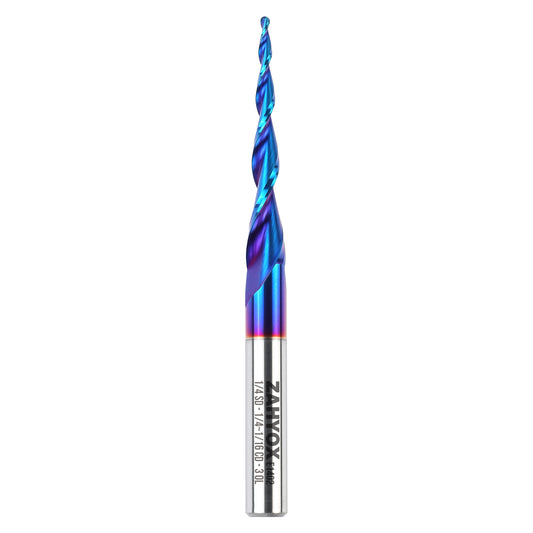 E1402 Solid Carbide 3D Carving nACo Coated Upcut Tapered Ball Nose Bit- 3.6°- 1/32 Radius - 1/4 SD - 1/4~1/16 CD - 3 OL - Zahyox