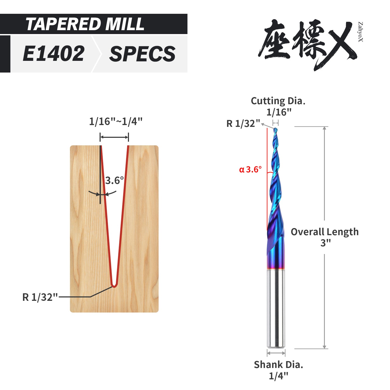 E1402 Solid Carbide 3D Carving nACo Coated Upcut Tapered Ball Nose Bit- 3.6°- 1/32 Radius - 1/4 SD - 1/4~1/16 CD - 3 OL - Zahyox