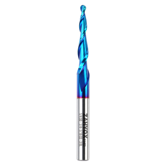 E1403 2D and 3D Carving nACo Coated Upcut Tapered Ball Nose Bit - 3° - 1/16 Radius - 1/4 SD - 1/4~1/16 CD - 3 OL - 1 CL - Zahyox