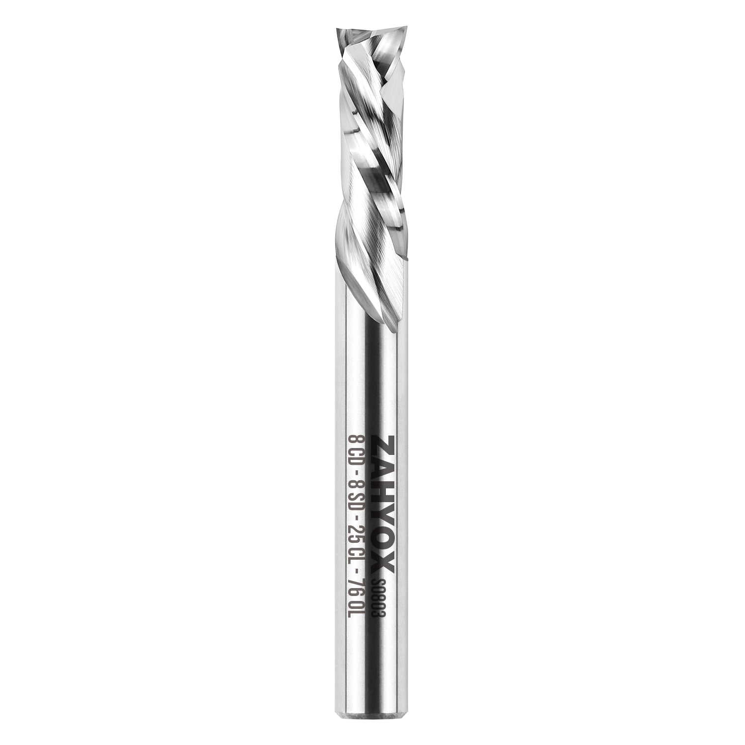 S0803 Solid Carbide Metric Compression Spiral Router Bit - 2 Flutes - 8mm SD - 8mm CD - 25mm CL - 76mm OL - 1/4 UCL - Zahyox