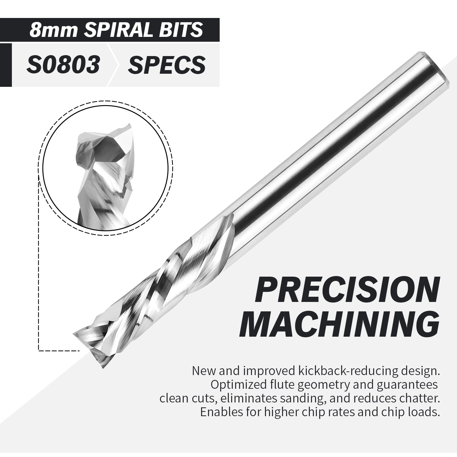 S0803 Solid Carbide Metric Compression Spiral Router Bit - 2 Flutes - 8mm SD - 8mm CD - 25mm CL - 76mm OL - 1/4 UCL - Zahyox