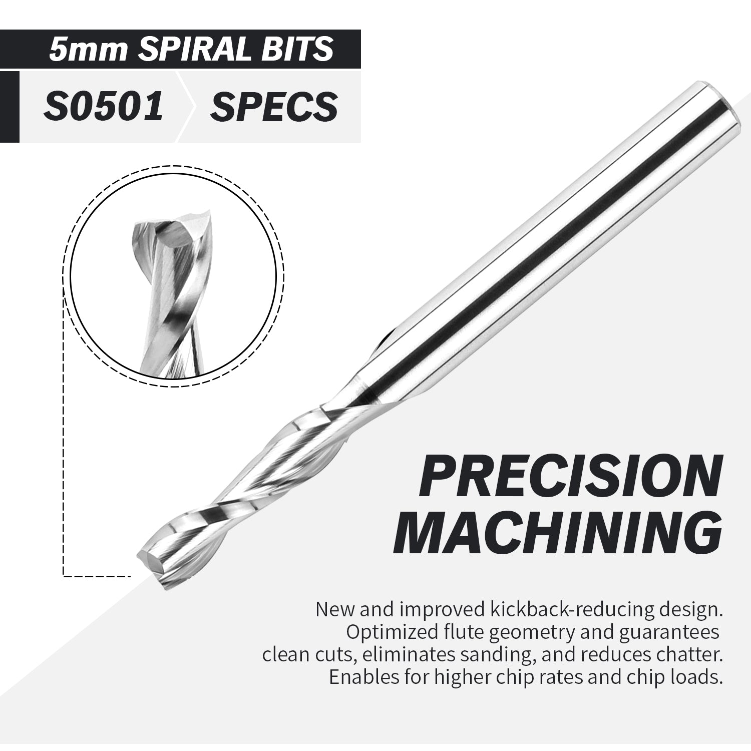 S0501 Solid Carbide Metric Upcut Spiral Router Bit - 2 Flutes - 6mm SD - 5mm CD - 20mm CL - 64mm OL - Zahyox