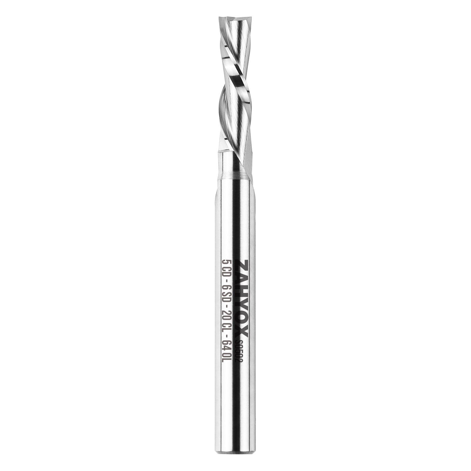 S0502 Solid Carbide Metric Downcut Spiral Router Bit - 2 Flutes  - 6mm SD - 5mm CD - 20mm CL - 64mm OL - Zahyox
