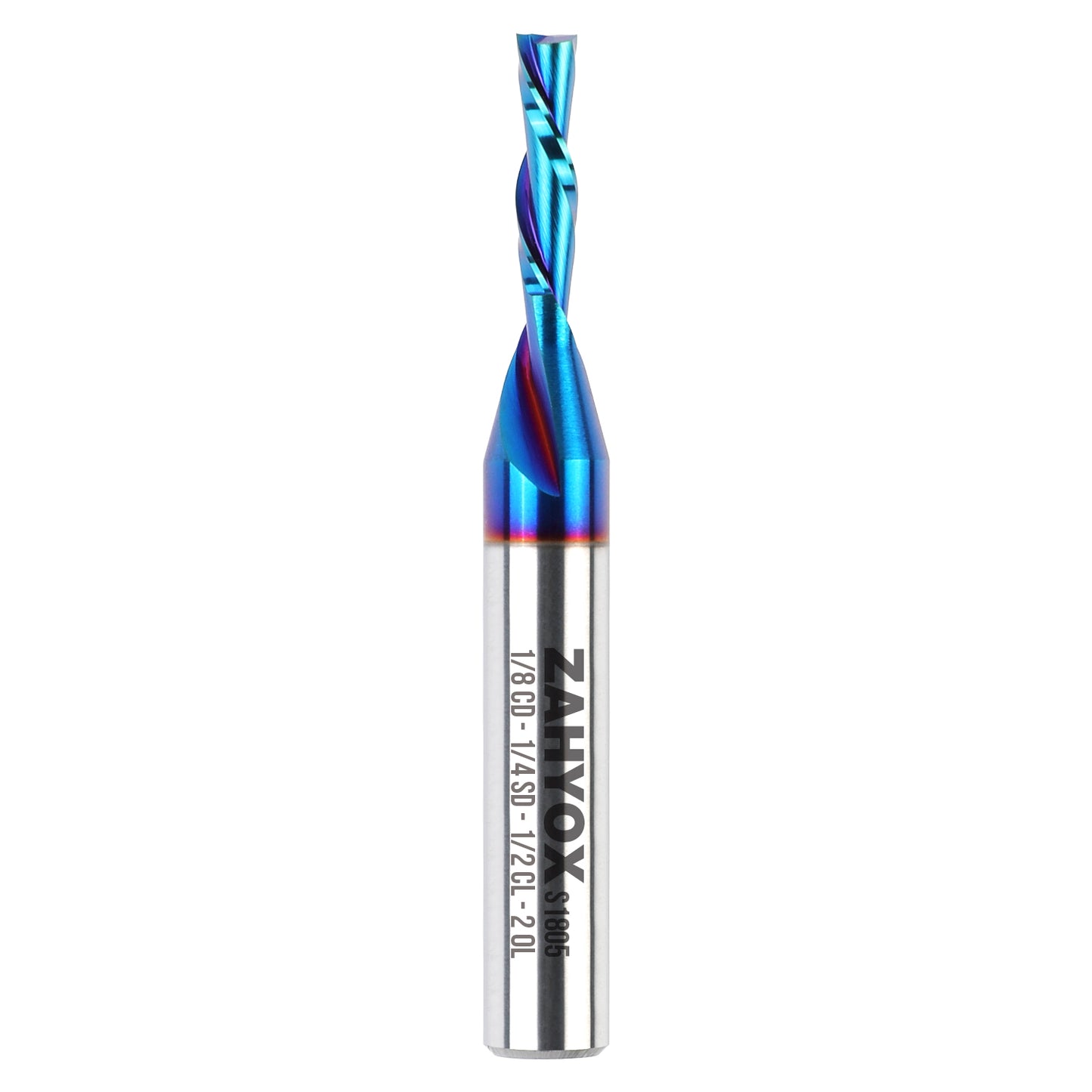 S1805 Solid Carbide nACo Coated Downcut Spiral Router Bit - 2Flutes - 1/4 SD - 1/8 CD - 1/2 CL - 2 OL - Zahyox