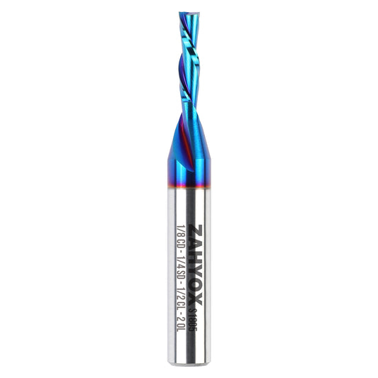 S1805 Solid Carbide nACo Coated Downcut Spiral Router Bit - 2Flutes - 1/4 SD - 1/8 CD - 1/2 CL - 2 OL - Zahyox